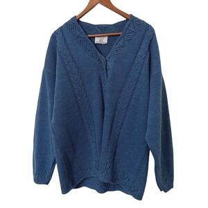 College Point 70s Made in USA Blue‎ Acrylic Cable Knit V Neck Sweater Size XL